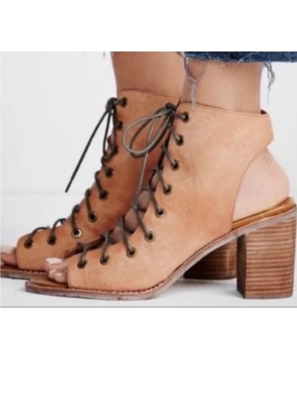 Jeffrey Campbell Free People Tan Leather Lace-Up Open-Toe Block Heel Boots sz 8